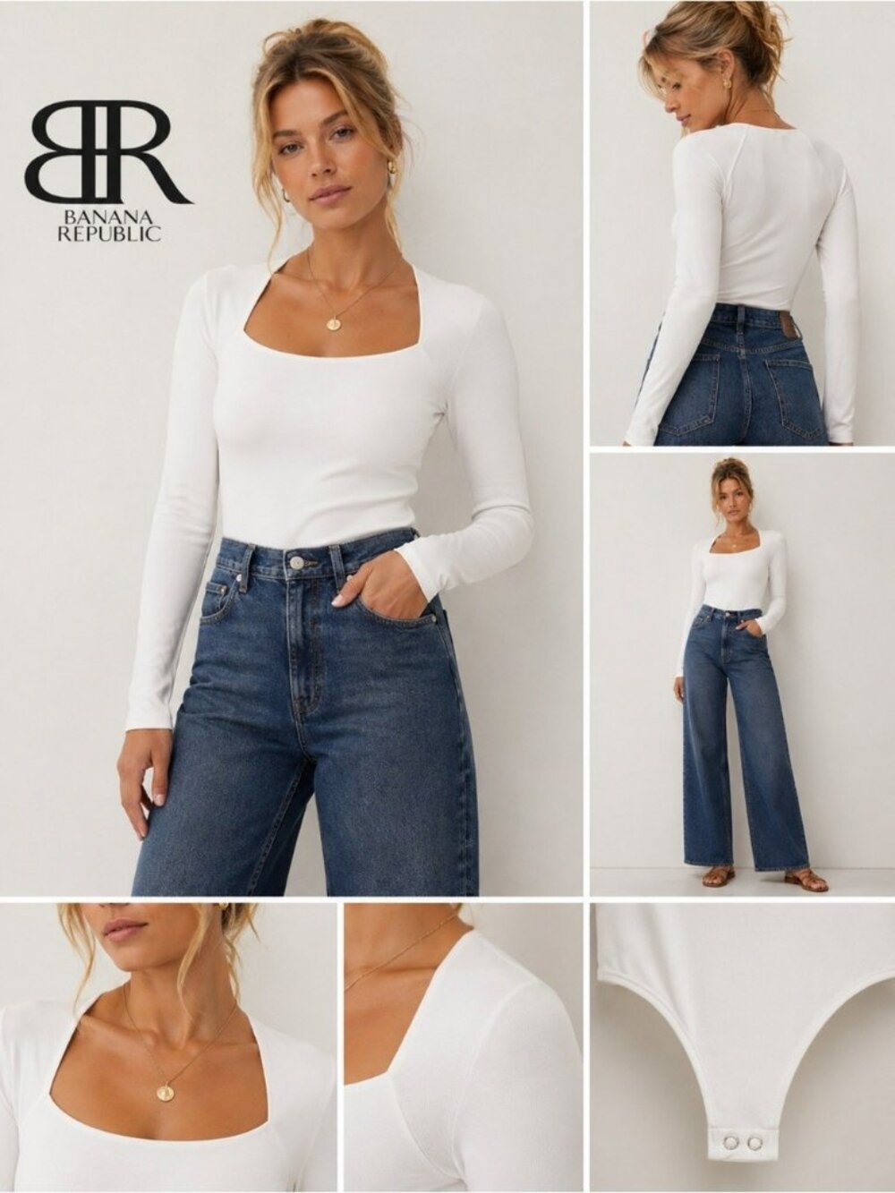 NWT Banana Republic White Soft Stretch Square-Neck Bodysuit Medium